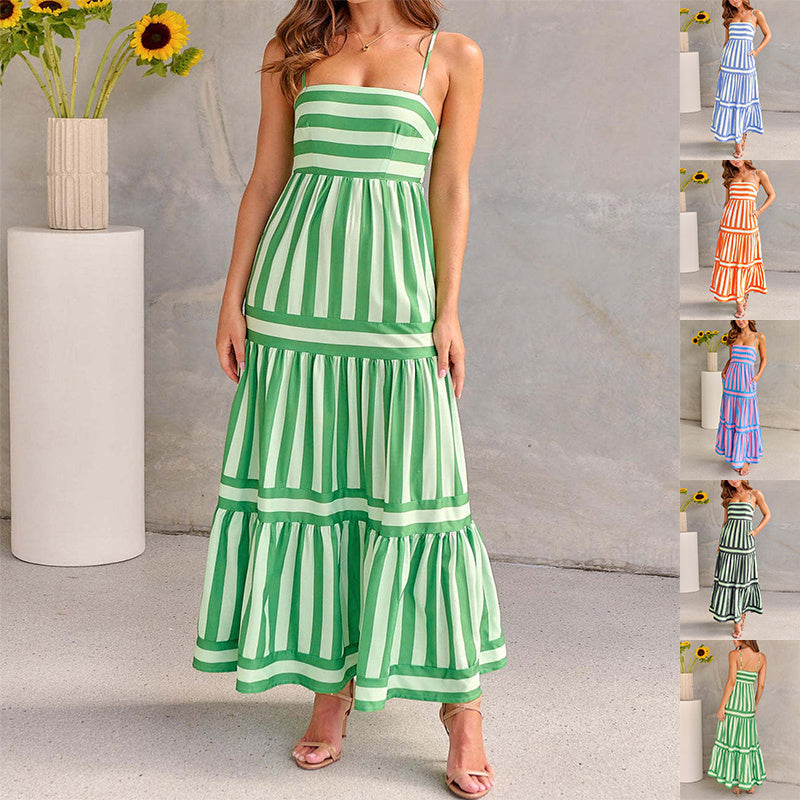 Vestido de Verão Listrado Longo com Bolsos moda pescoço quadrado sem costas vestidos para férias de praia roupas femininas