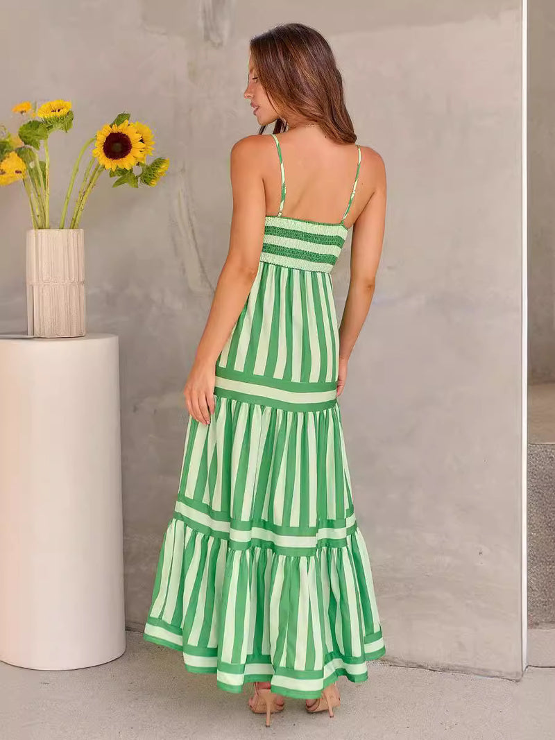 Vestido de Verão Listrado Longo com Bolsos moda pescoço quadrado sem costas vestidos para férias de praia roupas femininas