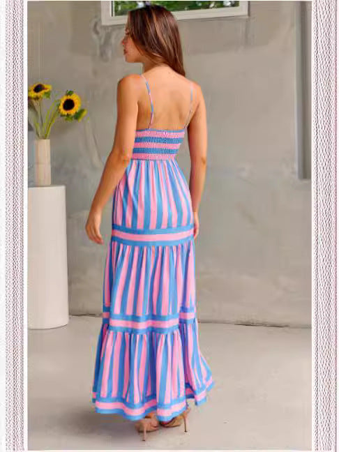 Vestido de Verão Listrado Longo com Bolsos moda pescoço quadrado sem costas vestidos para férias de praia roupas femininas